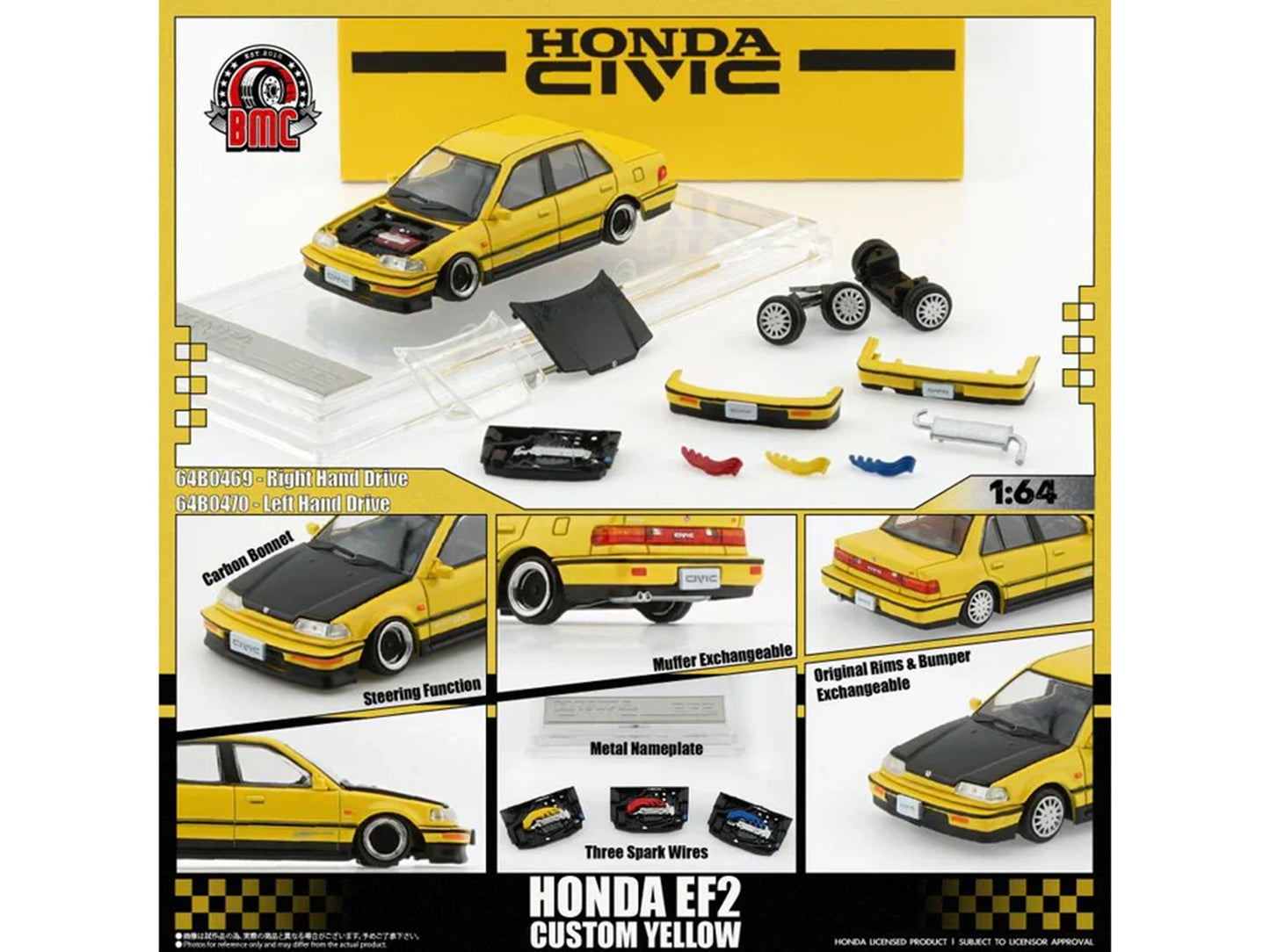 Honda Civic EF2 Custom Yellow with Alternate Parts 1/64 T&y Diecast Model Car by BM Creations