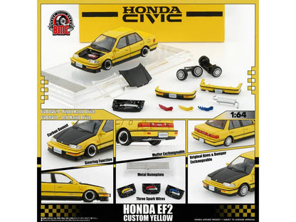 Honda Civic EF2 Custom Yellow with Alternate Parts 1/64 T&y Diecast Model Car by BM Creations