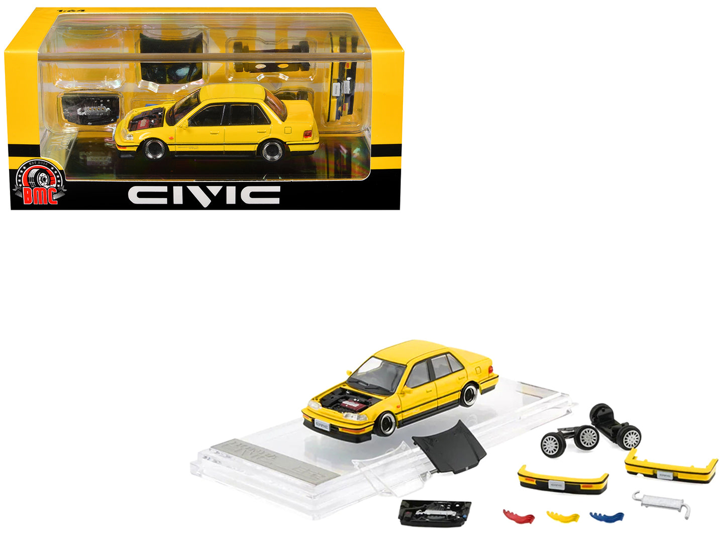 Honda Civic EF2 Custom Yellow with Alternate Parts 1/64 T&y Diecast Model Car by BM Creations
