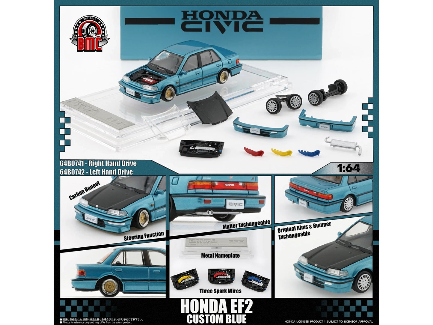 Honda Civic EF2 Custom Blue Metallic with Alternate Parts 1/64 T&y Diecast Model Car by BM Creations