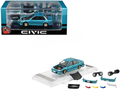 Honda Civic EF2 Custom Blue Metallic with Alternate Parts 1/64 T&y Diecast Model Car by BM Creations