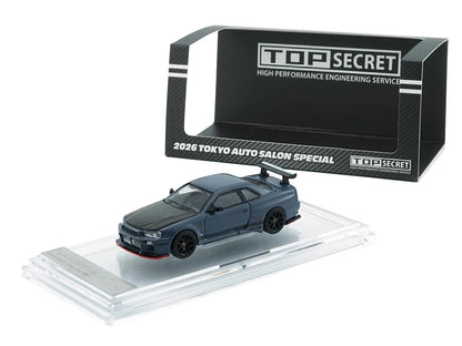 Nissan "Top Secret" Skyline GT-R (BNR34) RHD (Right Hand Drive) Stealth Gray with Carbon Hood "Tokyo Auto Salon 2026" 1/64 Diecast Model Car by BM Creations