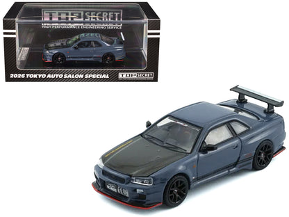 Nissan "Top Secret" Skyline GT-R (BNR34) RHD (Right Hand Drive) Stealth Gray with Carbon Hood "Tokyo Auto Salon 2026" 1/64 Diecast Model Car by BM Creations