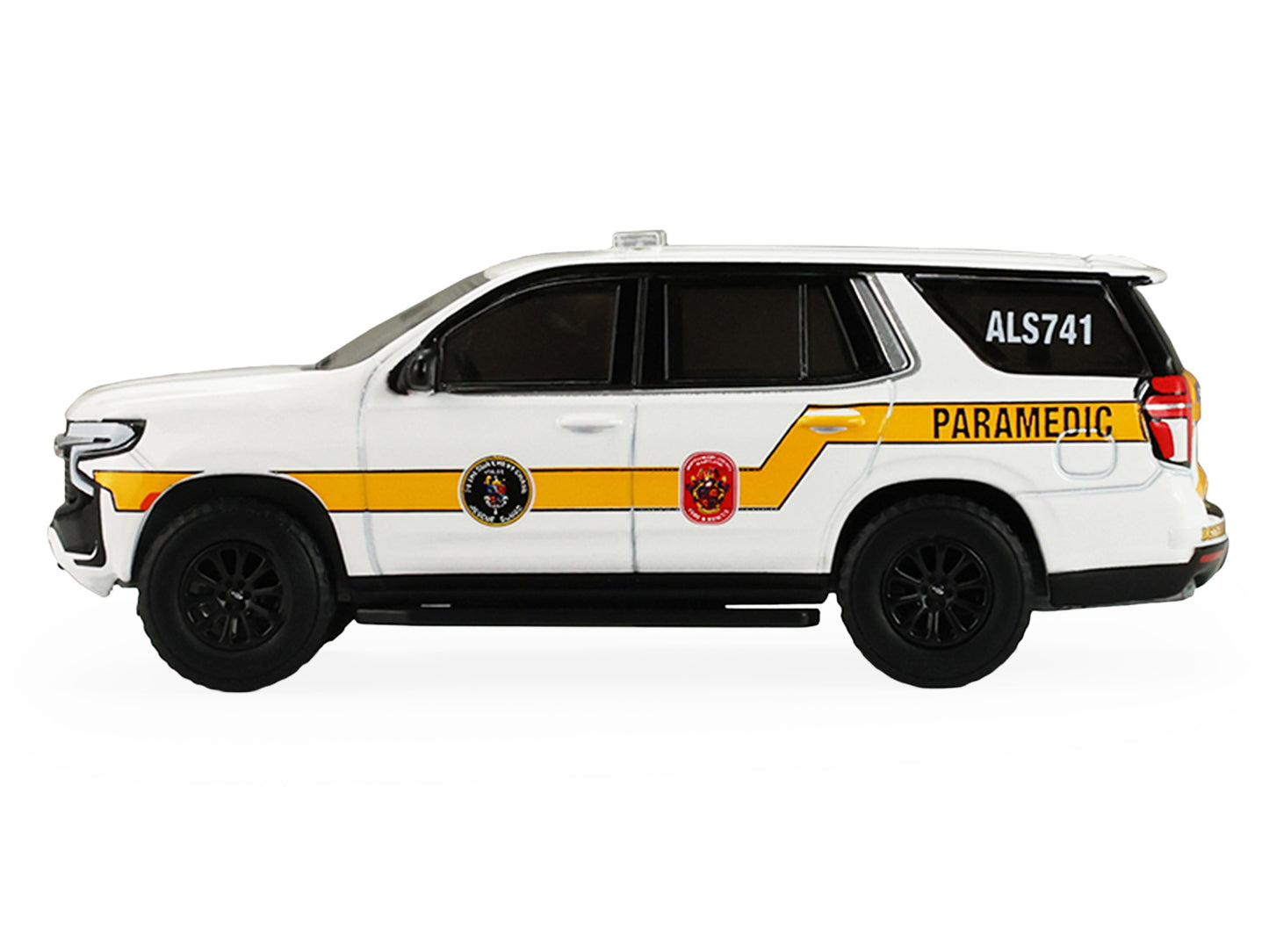 GreenLight 2024 Chevrolet Tahoe "Montgomery County Maryland Fire & Rescue Bethesda-Chevy Chase Squad" White with Yellow Stripes "Fire Rescue" Series #5 1/64 Diecast Model Car by <h2>2024 Greenlight</h
