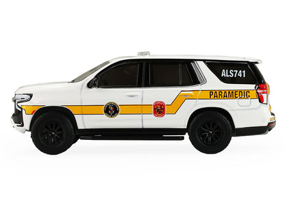 GreenLight 2024 Chevrolet Tahoe "Montgomery County Maryland Fire & Rescue Bethesda-Chevy Chase Squad" White with Yellow Stripes "Fire Rescue" Series #5 1/64 Diecast Model Car by <h2>2024 Greenlight</h