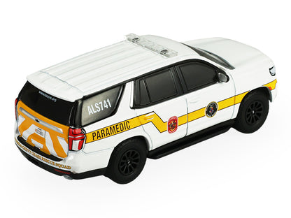 GreenLight 2024 Chevrolet Tahoe "Montgomery County Maryland Fire & Rescue Bethesda-Chevy Chase Squad" White with Yellow Stripes "Fire Rescue" Series #5 1/64 Diecast Model Car by <h2>2024 Greenlight</h