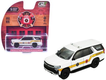 GreenLight 2024 Chevrolet Tahoe "Montgomery County Maryland Fire & Rescue Bethesda-Chevy Chase Squad" White with Yellow Stripes "Fire Rescue" Series #5 1/64 Diecast Model Car by <h2>2024 Greenlight</h