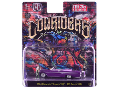 1964 Chevrolet Impala SS 409 Convertible Purple Metallic with Purple and White Interior with 2 Figures Limited Edition to 4950 pieces Worldwide 1/64 T&y Diecast Models by M2 Machines