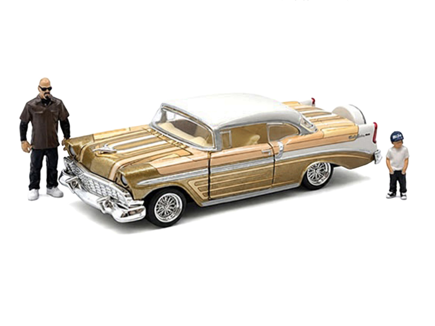1956 Chevrolet Bel Air Lowrider Gold Metallic with Gold Interior and White Top with 2 Figures Limited Edition to 4400 pieces Worldwide 1/64 T&y Diecast Model Car by M2 Machines