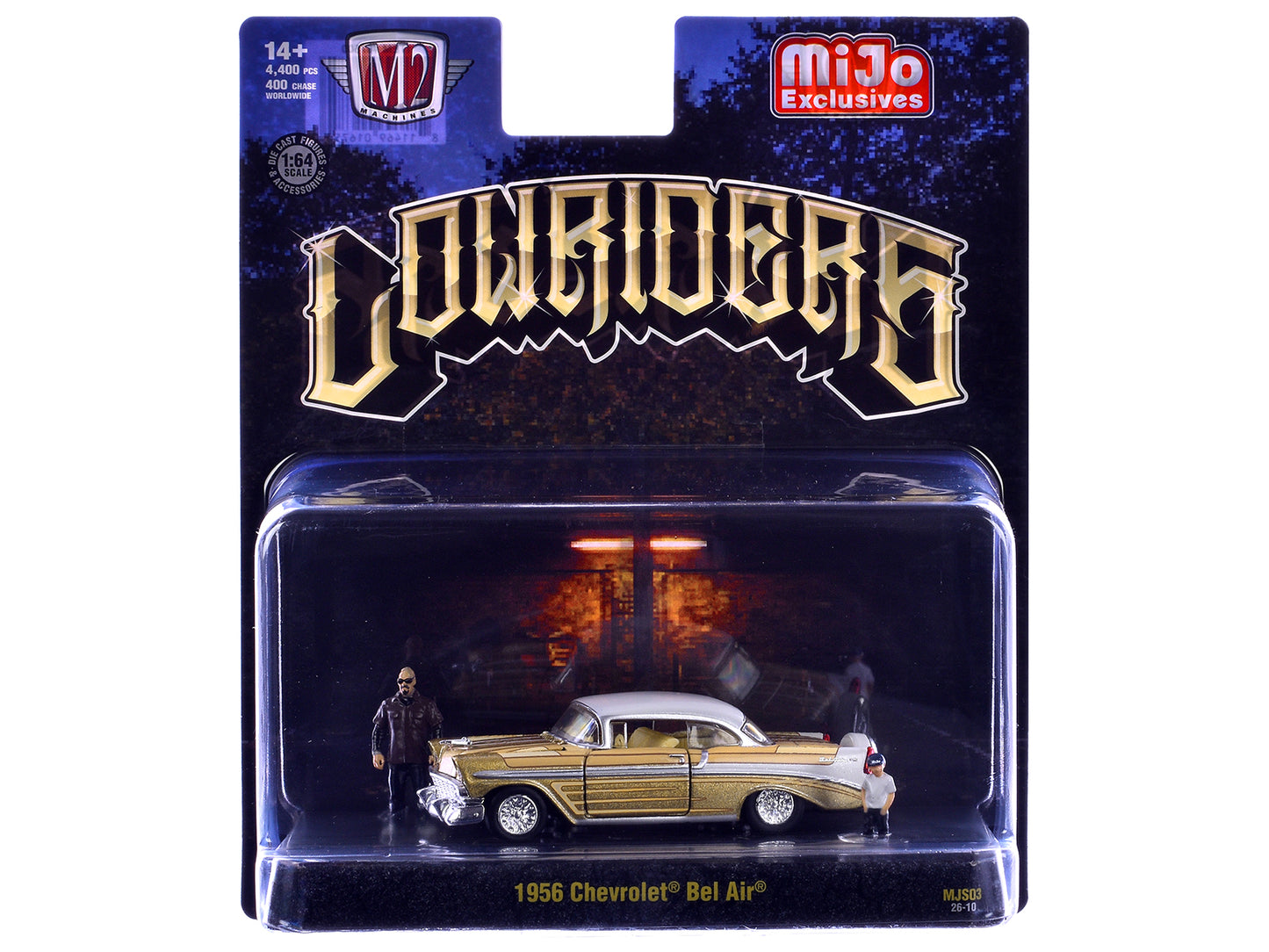 1956 Chevrolet Bel Air Lowrider Gold Metallic with Gold Interior and White Top with 2 Figures Limited Edition to 4400 pieces Worldwide 1/64 T&y Diecast Model Car by M2 Machines