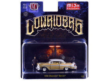 1956 Chevrolet Bel Air Lowrider Gold Metallic with Gold Interior and White Top with 2 Figures Limited Edition to 4400 pieces Worldwide 1/64 T&y Diecast Model Car by M2 Machines
