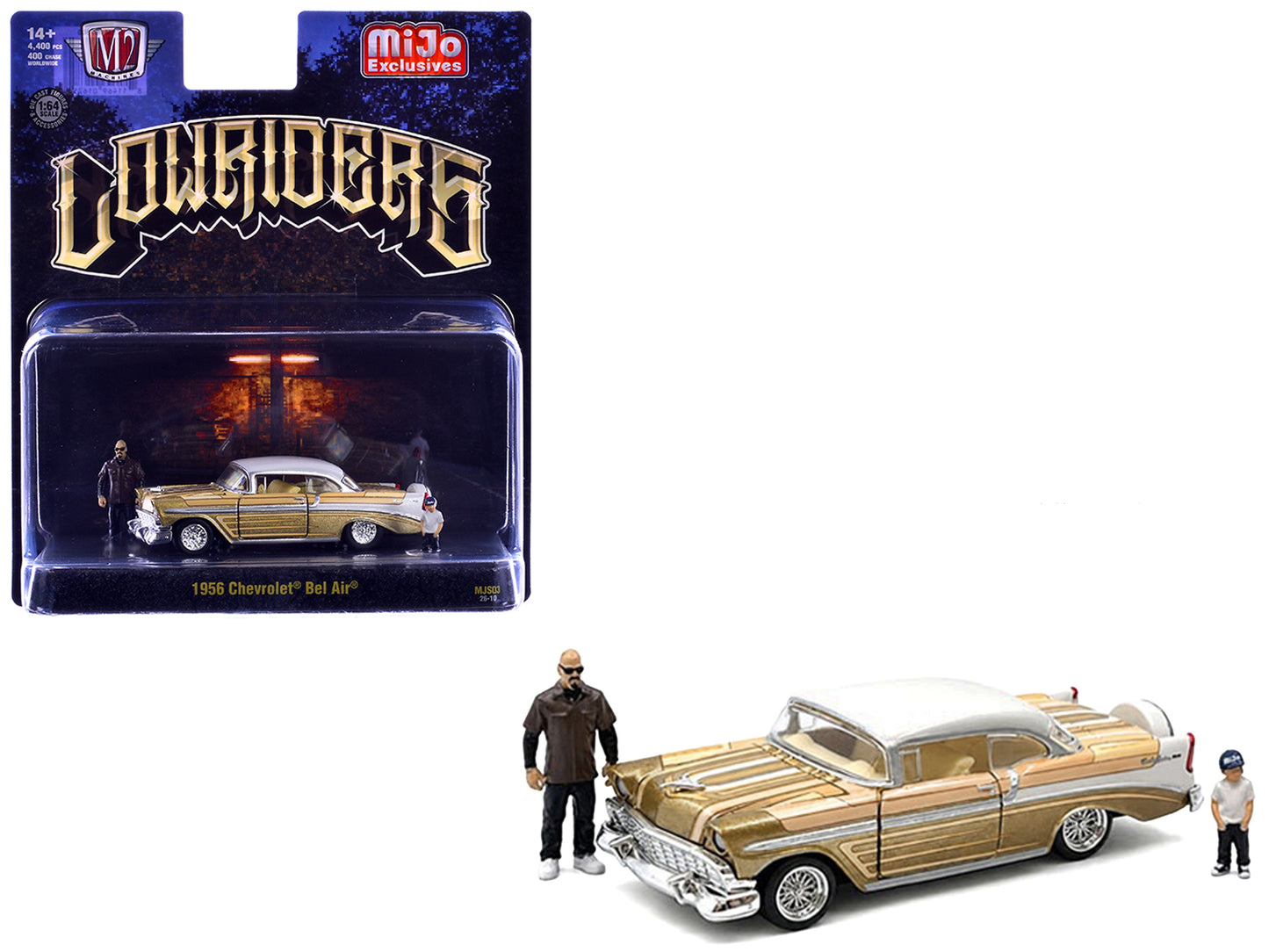 1956 Chevrolet Bel Air Lowrider Gold Metallic with Gold Interior and White Top with 2 Figures Limited Edition to 4400 pieces Worldwide 1/64 T&y Diecast Model Car by M2 Machines