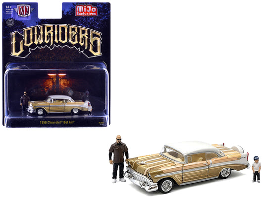 1956 Chevrolet Bel Air Lowrider Gold Metallic with Gold Interior and White Top with 2 Figures Limited Edition to 4400 pieces Worldwide 1/64 T&y Diecast Model Car by M2 Machines