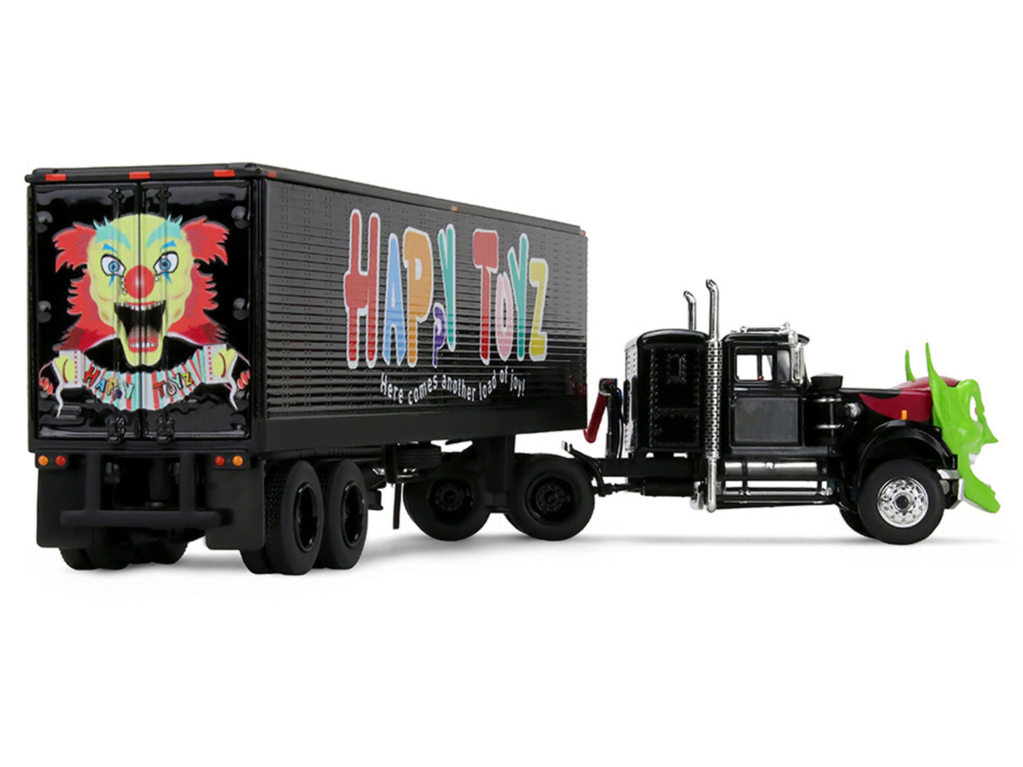 White Western Star 4800 with Green Goblin Head and 40' Vintage Trailer Black with Graphics "Maximum Overdrive" (1986) Movie 40th Anniversary 1/64 T&y Diecast Model by DCP/First Gear