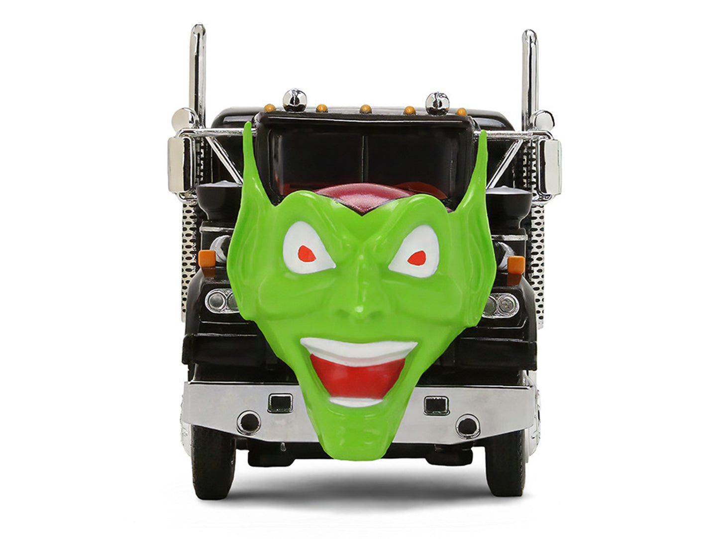 White Western Star 4800 with Green Goblin Head and 40' Vintage Trailer Black with Graphics "Maximum Overdrive" (1986) Movie 40th Anniversary 1/64 T&y Diecast Model by DCP/First Gear