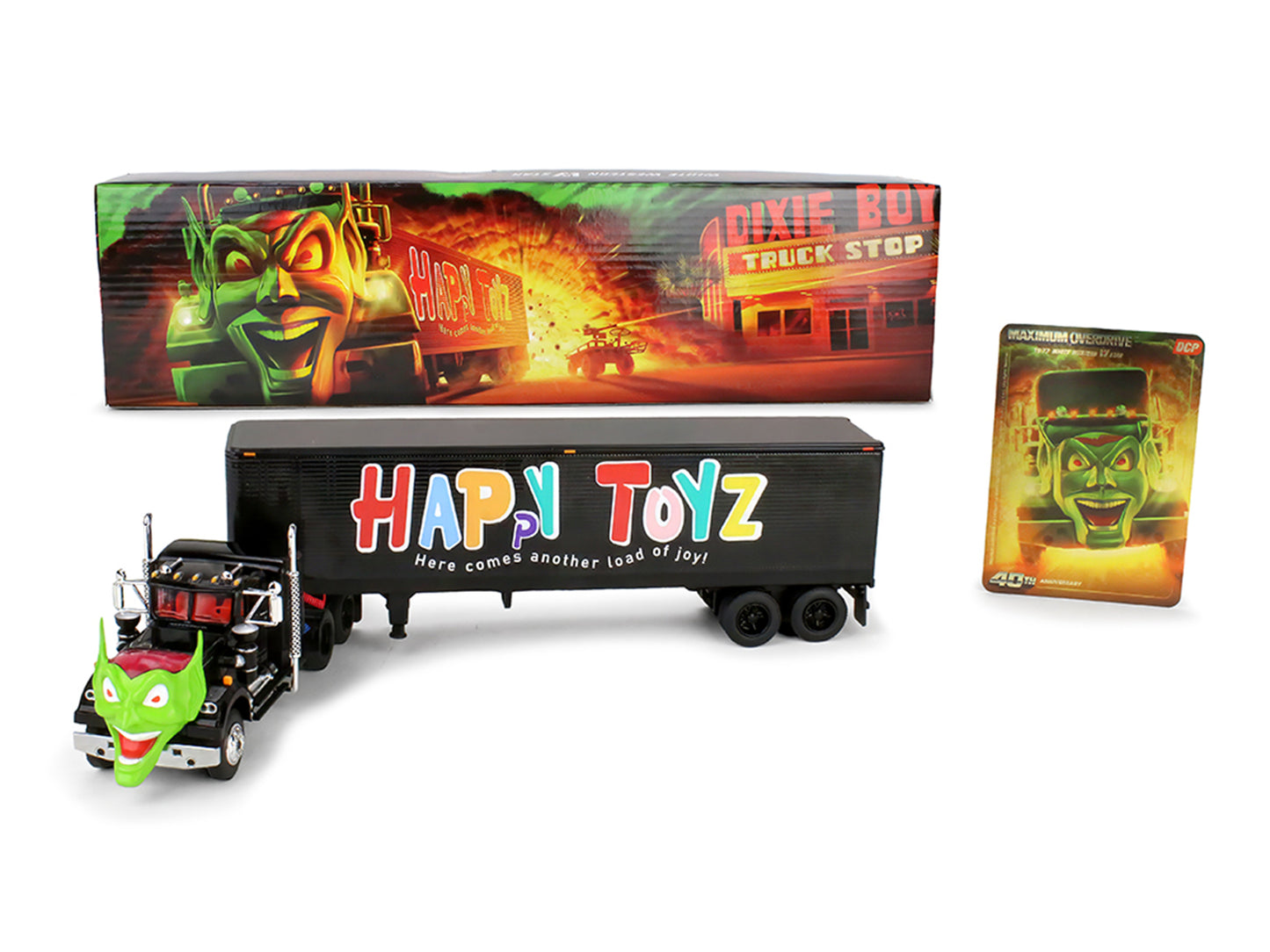 White Western Star 4800 with Green Goblin Head and 40' Vintage Trailer Black with Graphics "Maximum Overdrive" (1986) Movie 40th Anniversary 1/64 T&y Diecast Model by DCP/First Gear
