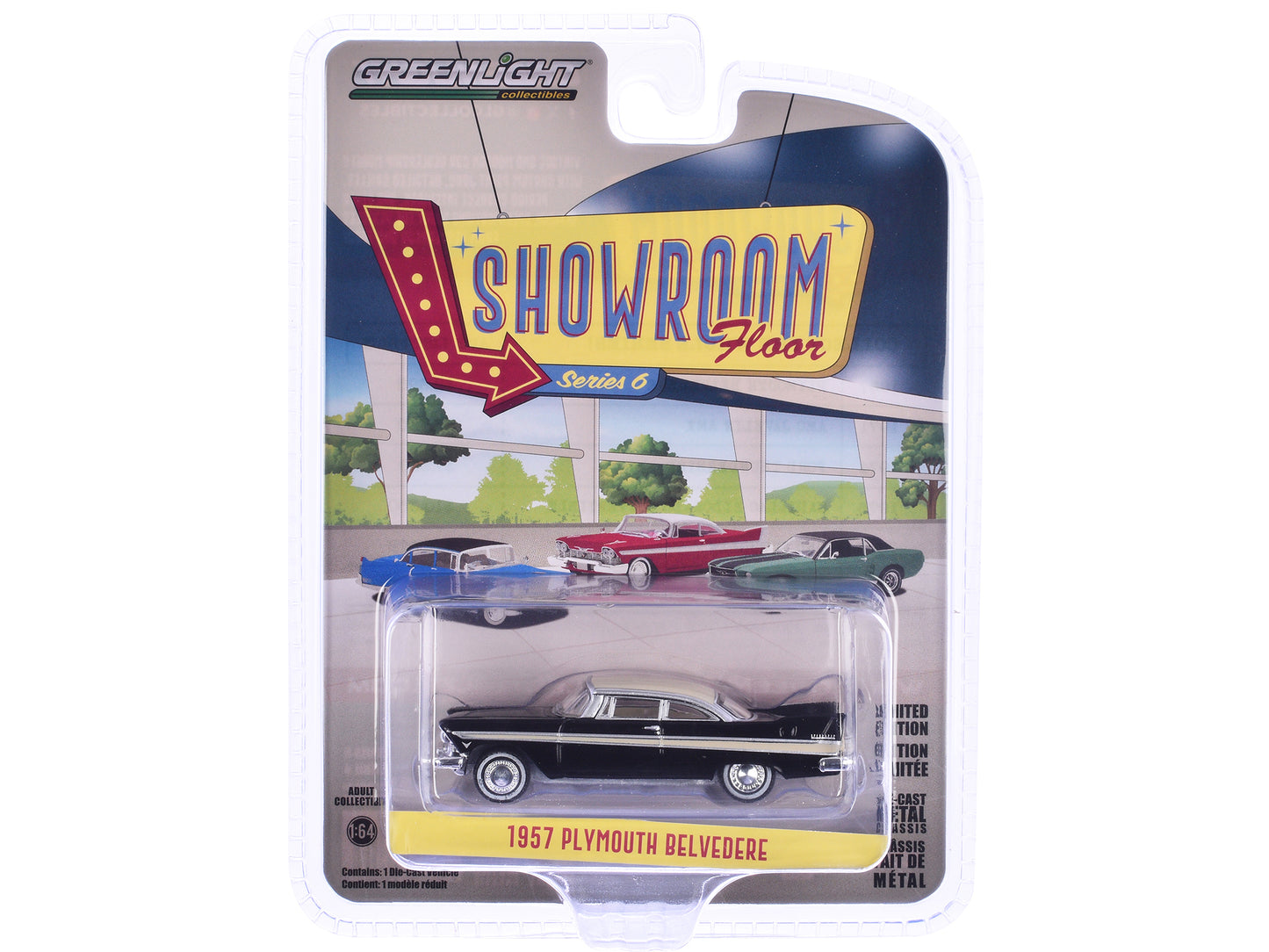 GreenLight 1957 Plymouth Belvedere Jet Black with Sand Dune White Top and Stripes "Showroom Floor" Series 6 1/64 Diecast Model Car by <h2>1957 Greenlight</h2> <p>High-quality perfect for collectors en