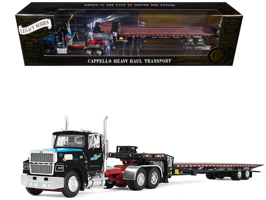 Ford LTL 9000 Day Cab and Landoll 440B-50CA Traveling Axle Trailer "Cappello Heavy Transport" Black with Blue Hood "Legacy" Series #3 1/64 T&y Diecast Model by DCP/First Gear