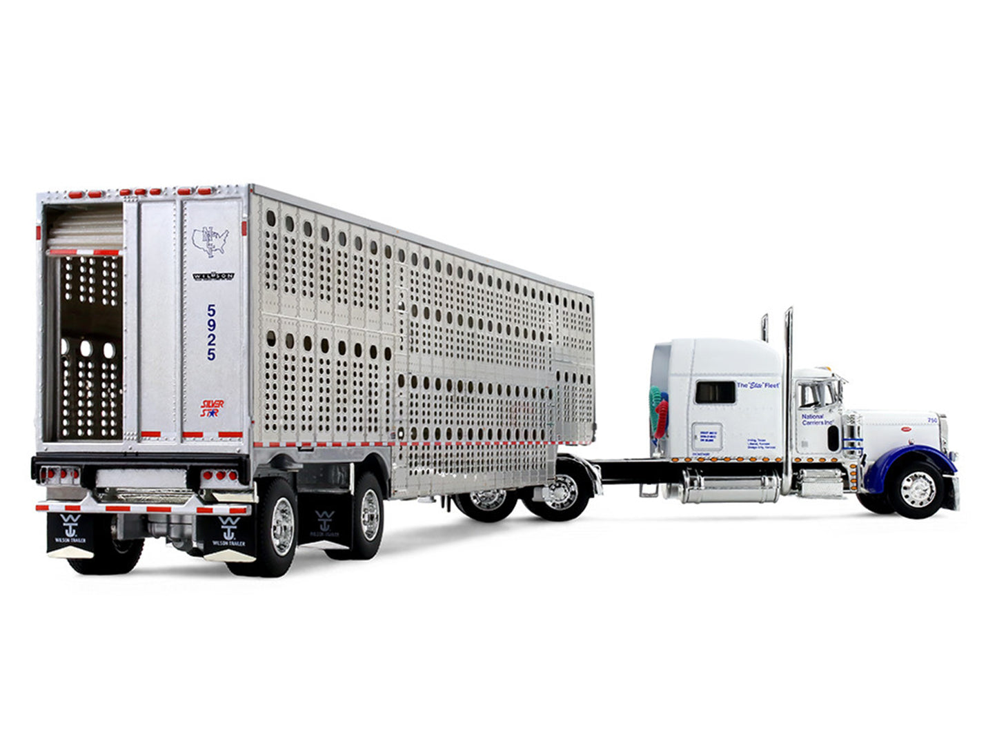 Peterbilt 379 with 70" Mid-Roof Sleeper and Wilson Silverstar Livestock Trailer "National Carriers" White "Legacy Series #5" 1/64 T&y Diecast Model by DCP/First Gear