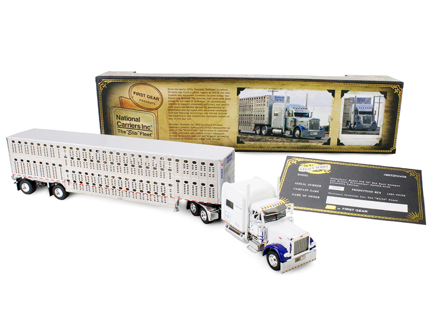 Peterbilt 379 with 70" Mid-Roof Sleeper and Wilson Silverstar Livestock Trailer "National Carriers" White "Legacy Series #5" 1/64 T&y Diecast Model by DCP/First Gear