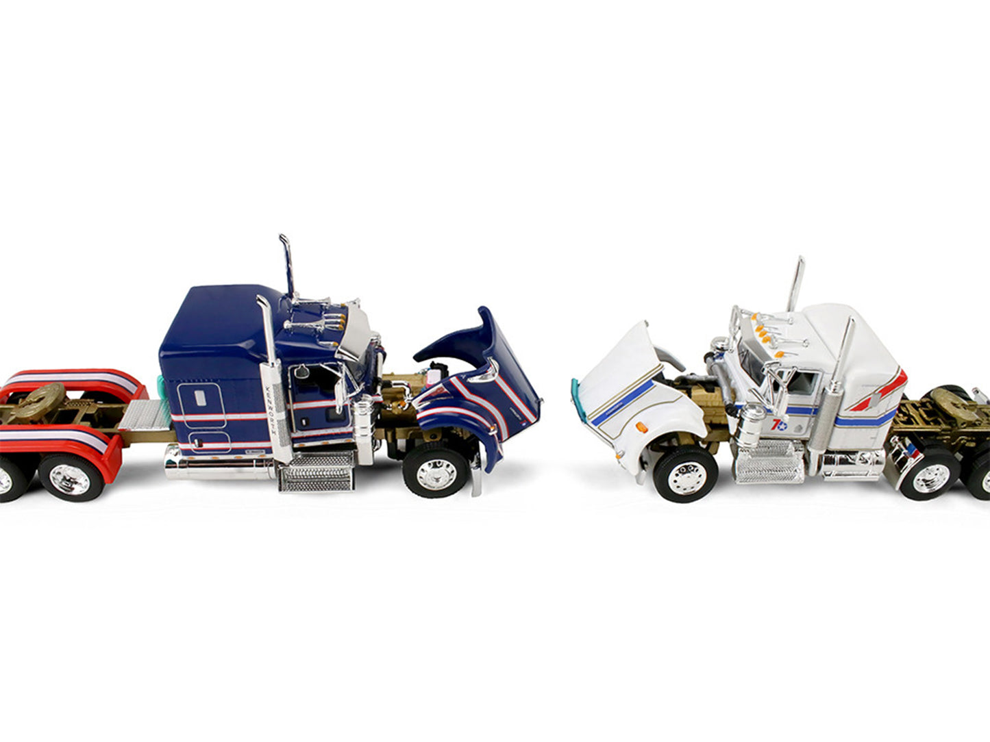 Kenworth W900L with 72" Aerocab Flat Top Sleeper Blue with White Stripes and Fontaine Magnitude Lowboy Trailer with Kenworth W900A Load White with Blue and Red Stripes "America 250" 1/64 T&y Diecast Model by DCP/First Gear