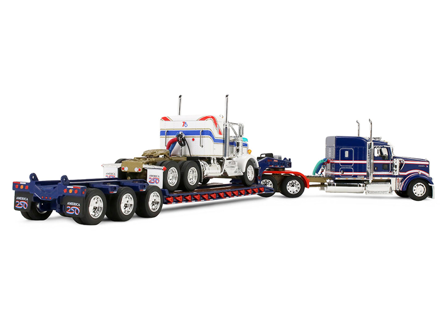 Kenworth W900L with 72" Aerocab Flat Top Sleeper Blue with White Stripes and Fontaine Magnitude Lowboy Trailer with Kenworth W900A Load White with Blue and Red Stripes "America 250" 1/64 T&y Diecast Model by DCP/First Gear