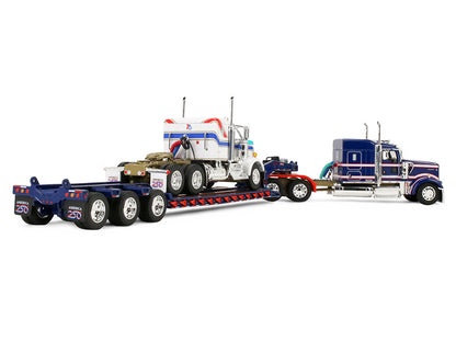 Kenworth W900L with 72" Aerocab Flat Top Sleeper Blue with White Stripes and Fontaine Magnitude Lowboy Trailer with Kenworth W900A Load White with Blue and Red Stripes "America 250" 1/64 T&y Diecast Model by DCP/First Gear
