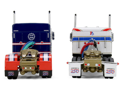 Kenworth W900L with 72" Aerocab Flat Top Sleeper Blue with White Stripes and Fontaine Magnitude Lowboy Trailer with Kenworth W900A Load White with Blue and Red Stripes "America 250" 1/64 T&y Diecast Model by DCP/First Gear