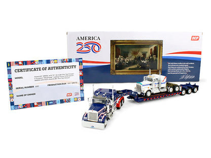 Kenworth W900L with 72" Aerocab Flat Top Sleeper Blue with White Stripes and Fontaine Magnitude Lowboy Trailer with Kenworth W900A Load White with Blue and Red Stripes "America 250" 1/64 T&y Diecast Model by DCP/First Gear