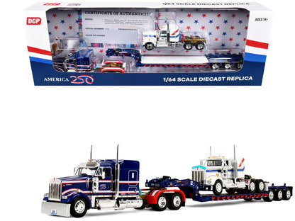 Kenworth W900L with 72" Aerocab Flat Top Sleeper Blue with White Stripes and Fontaine Magnitude Lowboy Trailer with Kenworth W900A Load White with Blue and Red Stripes "America 250" 1/64 T&y Diecast Model by DCP/First Gear