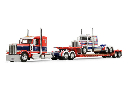 Peterbilt 589 with 44" Flat Top Sleeper Red with Blue Stripes and Fontaine Renegade LXT40 Lowboy Trailer with Peterbilt 359 Load White with Blue and Red Stripes "America 250" 1/64 T&y Diecast Model by DCP/First Gear