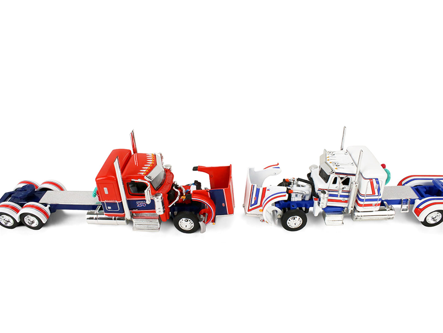 Peterbilt 589 with 44" Flat Top Sleeper Red with Blue Stripes and Fontaine Renegade LXT40 Lowboy Trailer with Peterbilt 359 Load White with Blue and Red Stripes "America 250" 1/64 T&y Diecast Model by DCP/First Gear