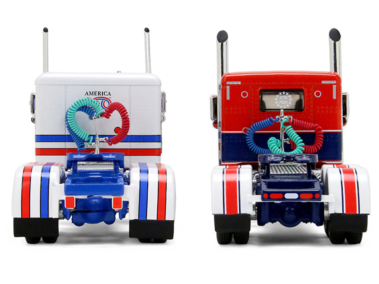 Peterbilt 589 with 44" Flat Top Sleeper Red with Blue Stripes and Fontaine Renegade LXT40 Lowboy Trailer with Peterbilt 359 Load White with Blue and Red Stripes "America 250" 1/64 T&y Diecast Model by DCP/First Gear