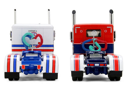 Peterbilt 589 with 44" Flat Top Sleeper Red with Blue Stripes and Fontaine Renegade LXT40 Lowboy Trailer with Peterbilt 359 Load White with Blue and Red Stripes "America 250" 1/64 T&y Diecast Model by DCP/First Gear