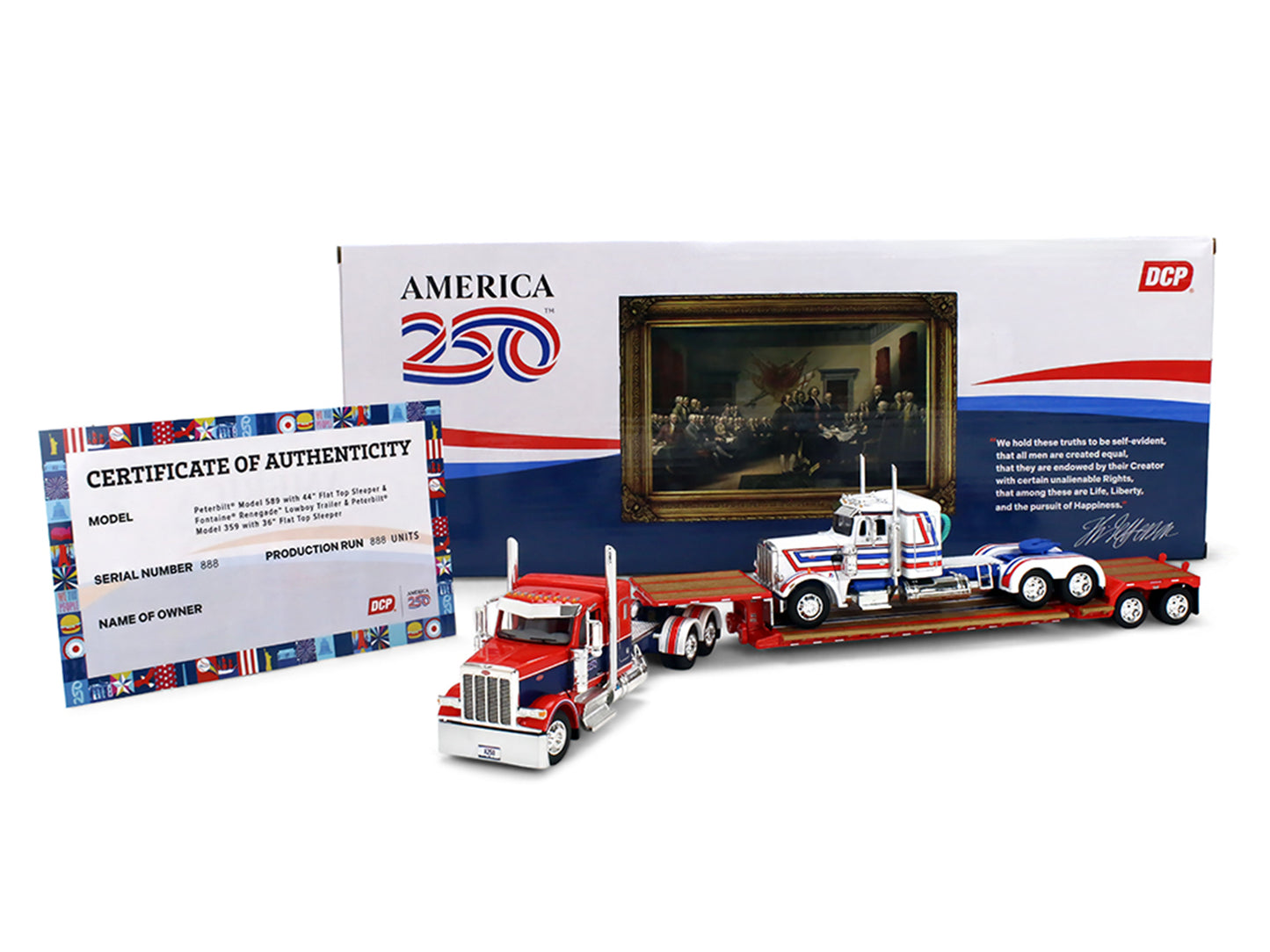 Peterbilt 589 with 44" Flat Top Sleeper Red with Blue Stripes and Fontaine Renegade LXT40 Lowboy Trailer with Peterbilt 359 Load White with Blue and Red Stripes "America 250" 1/64 T&y Diecast Model by DCP/First Gear