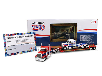 Peterbilt 589 with 44" Flat Top Sleeper Red with Blue Stripes and Fontaine Renegade LXT40 Lowboy Trailer with Peterbilt 359 Load White with Blue and Red Stripes "America 250" 1/64 T&y Diecast Model by DCP/First Gear