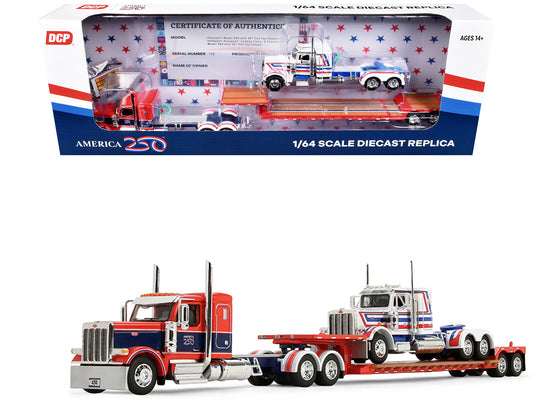 Peterbilt 589 with 44" Flat Top Sleeper Red with Blue Stripes and Fontaine Renegade LXT40 Lowboy Trailer with Peterbilt 359 Load White with Blue and Red Stripes "America 250" 1/64 T&y Diecast Model by DCP/First Gear