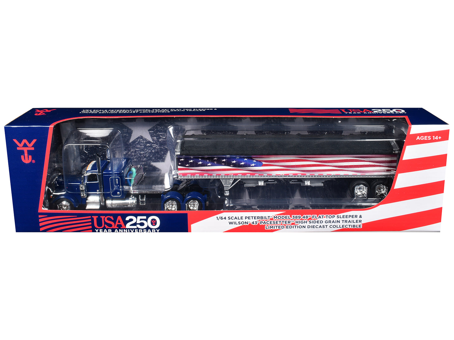 Peterbilt 389 with 48" Flat Top Sleeper and 43' Wilson Pacesetter High Side Grain Trailer "Wilson USA 250" Blue 1/64 T&y Diecast Model by DCP/First Gear