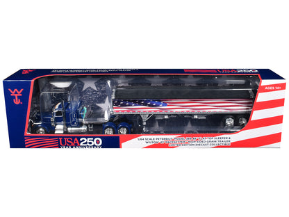 Peterbilt 389 with 48" Flat Top Sleeper and 43' Wilson Pacesetter High Side Grain Trailer "Wilson USA 250" Blue 1/64 T&y Diecast Model by DCP/First Gear