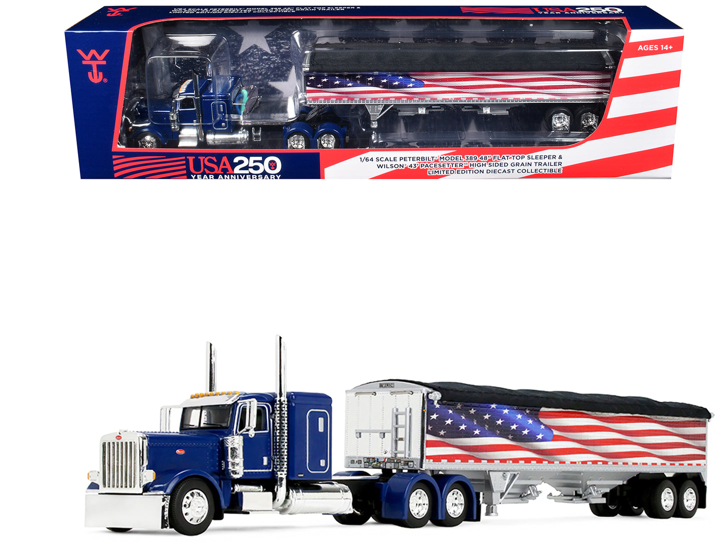 Peterbilt 389 with 48" Flat Top Sleeper and 43' Wilson Pacesetter High Side Grain Trailer "Wilson USA 250" Blue 1/64 T&y Diecast Model by DCP/First Gear