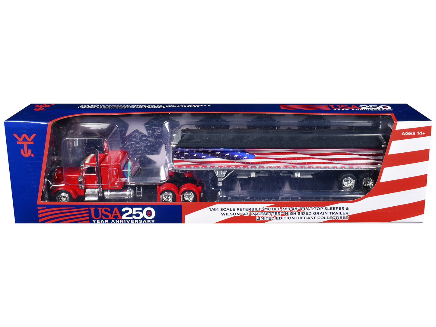 Peterbilt 389 with 48" Flat Top Sleeper and 43' Wilson Pacesetter High Side Grain Trailer "Wilson USA 250" Red 1/64 T&y Diecast Model by DCP/First Gear