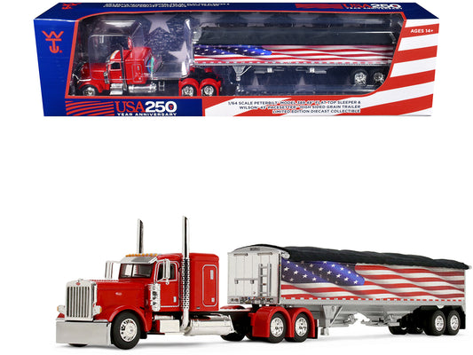 Peterbilt 389 with 48" Flat Top Sleeper and 43' Wilson Pacesetter High Side Grain Trailer "Wilson USA 250" Red 1/64 T&y Diecast Model by DCP/First Gear