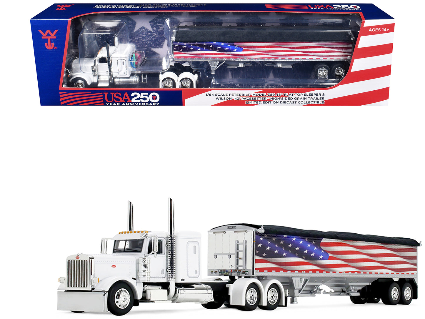 Peterbilt 389 with 48" Flat Top Sleeper and 43' Wilson Pacesetter High Side Grain Trailer "Wilson USA 250" White 1/64 T&y Diecast Model by DCP/First Gear