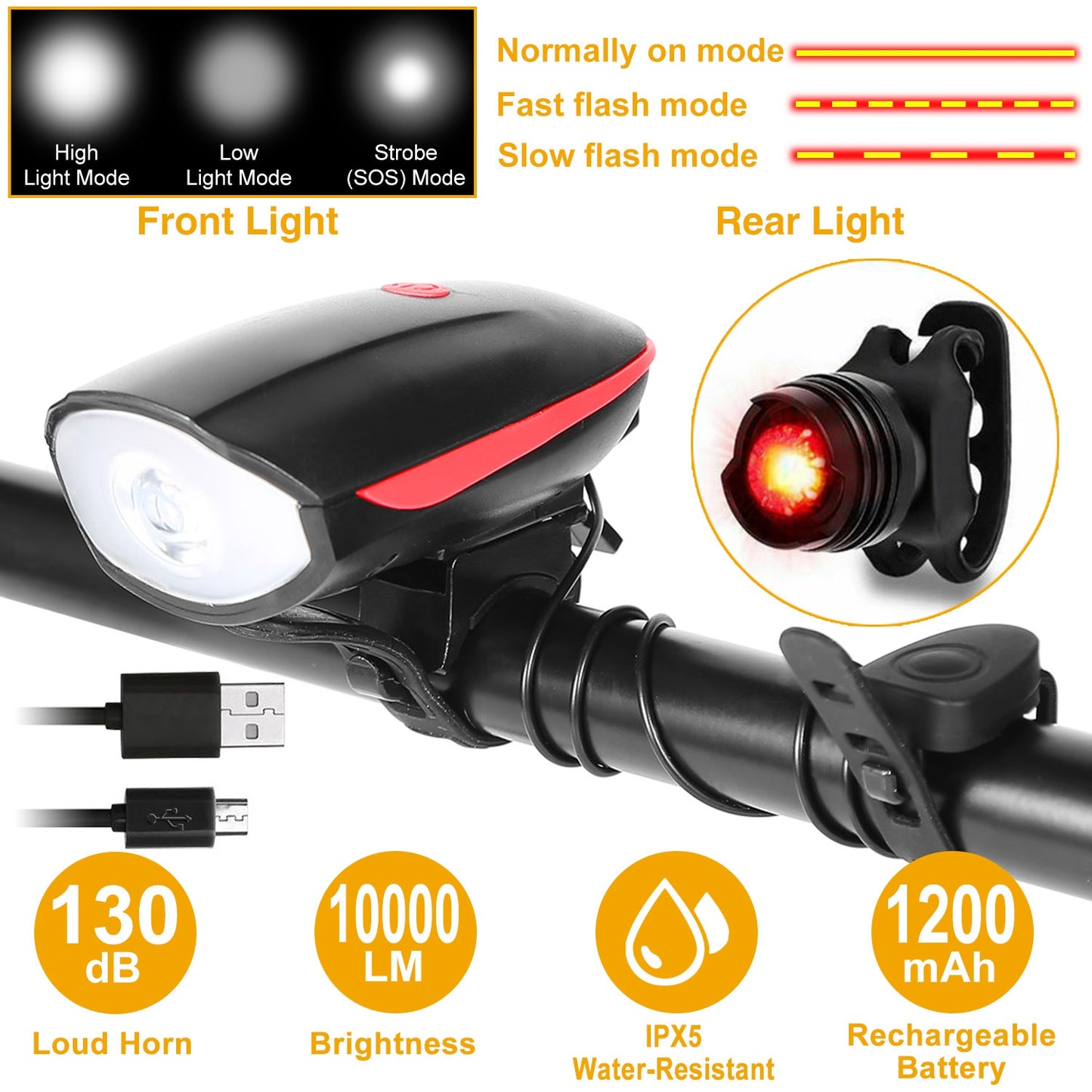 10000Lm Bike Headlight Usb Rechargeable Led Bicycle Front Light Rear Tail With