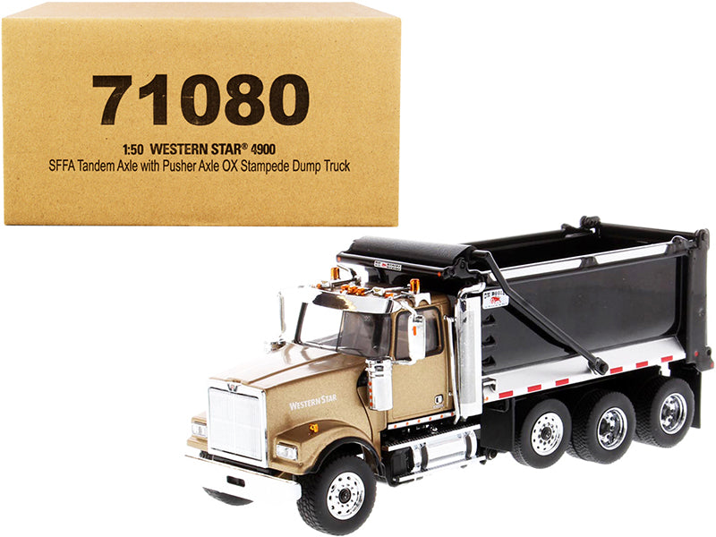 Western Star 4900 SFFA Tandem with Pusher Axle OX Stampede Dump Truck Gold and Black "Transport Series" 1/50 Diecast Model by Masters <h2>Western Masters</h2> <p>High-quality car perfect for collector