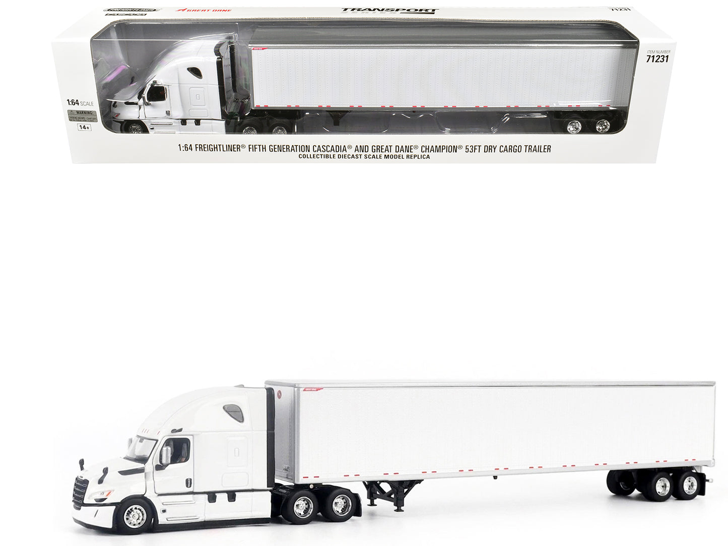 2025 Freightliner Cascadia Gen-5 Truck Tractor with Sleeper and Great Dane Champion 53ft Dry Cargo Trailer Winter White "Transport Series" 1/64 T&y Diecast Model by T&y Diecast Masters