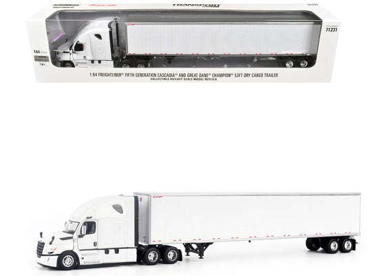 2025 Freightliner Cascadia Gen-5 Truck Tractor with Sleeper and Great Dane Champion 53ft Dry Cargo Trailer Winter White "Transport Series" 1/64 T&y Diecast Model by T&y Diecast Masters
