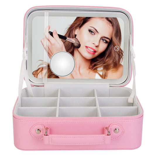 Travel Makeup Bag With 3 Light Colors Dimmable Brightness Led Mirror Detachable