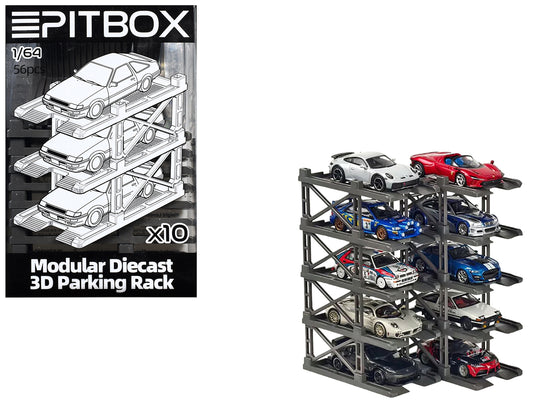 Modular T&y Diecast 3D Parking Rack Display Stand Set of 10 Racks for 1/64 Scale Model Cars by Pitbox