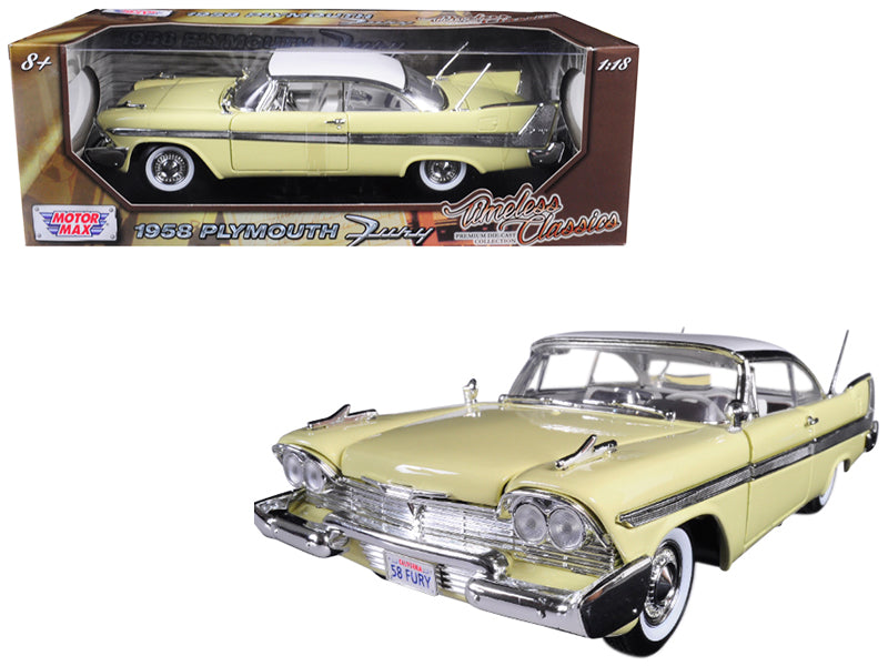 1958 Plymouth Fury "Timeless Classics" Yellow with White Top 1/18 Diecast Model Car by Motormax <h2>1958 Motormax</h2> <p>High-quality perfect for collectors and enthusiasts. Features detailed interio